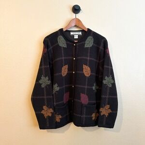 Vintage Fall Leaf Grid Crystal Kobe Oversized Sweater Cardigan Cozycore